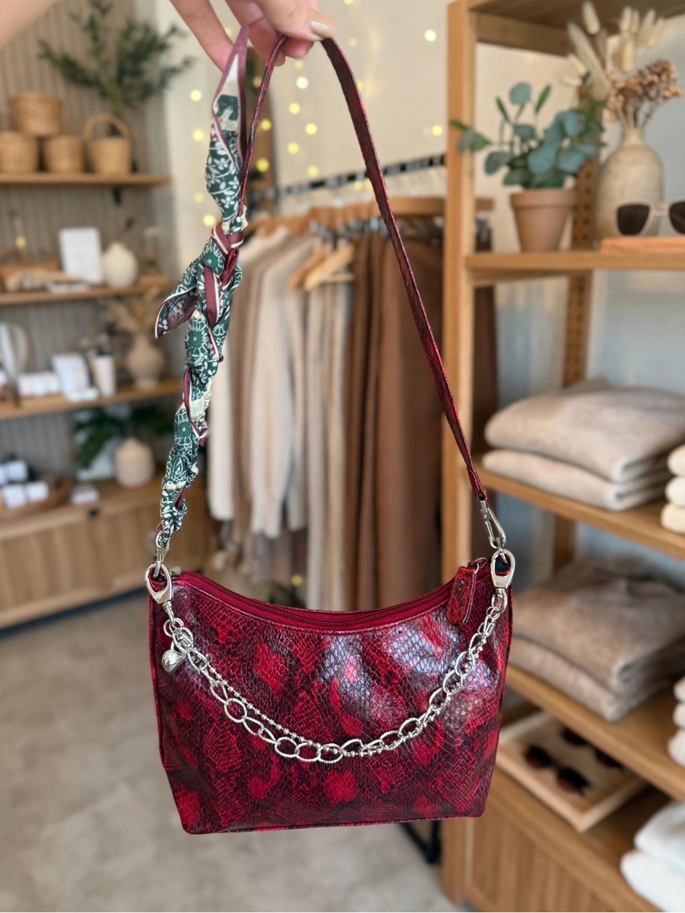 Zara Red Snake-Print Shoulder Bag with Silver Chain